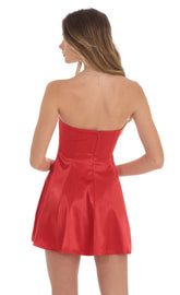 Strapless Satin Fit and Flare Dress in Red